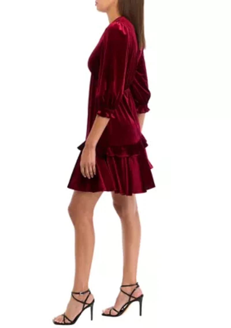 Women's 3/4 Puff Sleeve Velvet Fit and Flare Dress
