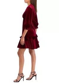 Women's 3/4 Puff Sleeve Velvet Fit and Flare Dress