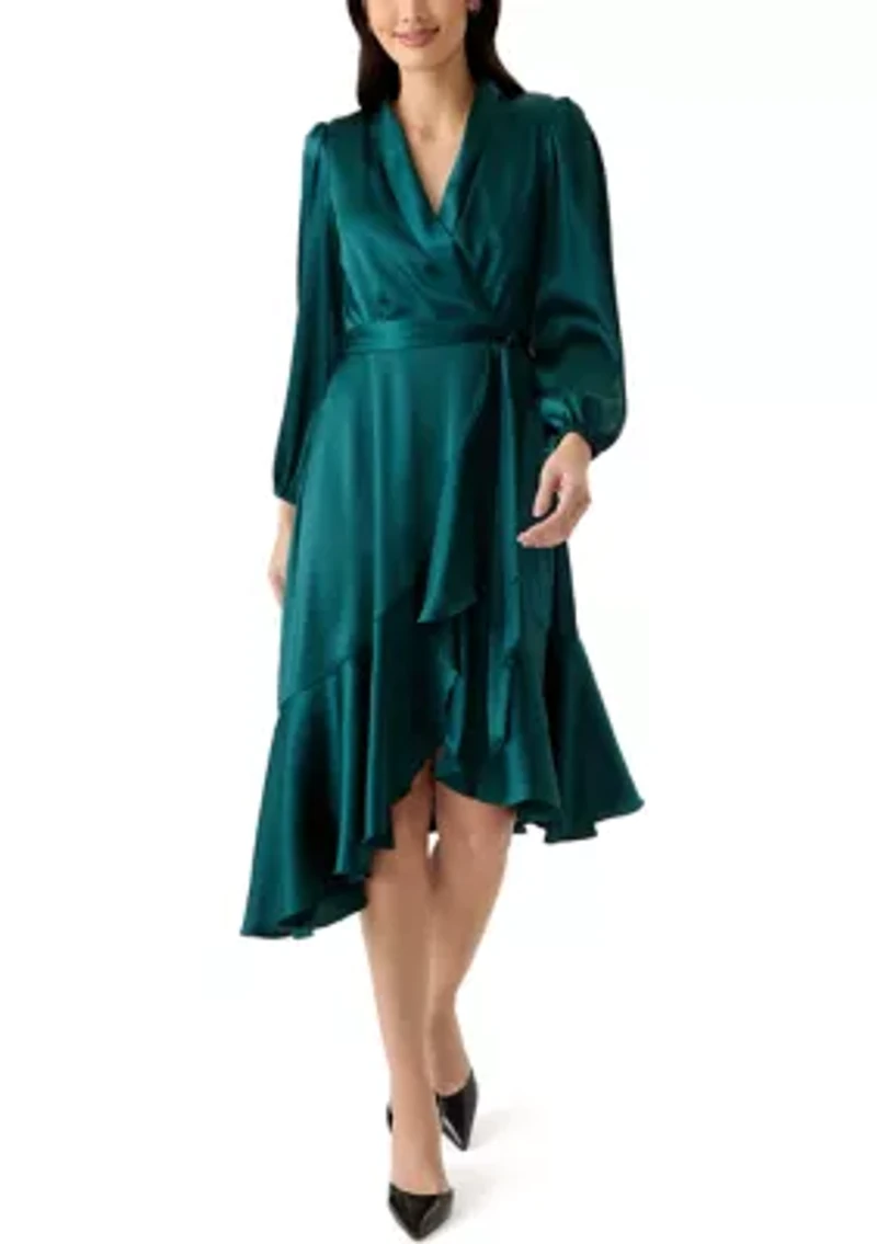 Women's Long Sleeve V-Neck Tie Waist Solid Satin Fit and Flare Dress