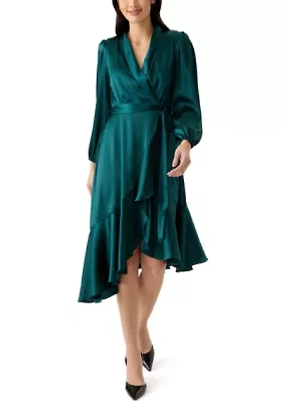Women's Long Sleeve V-Neck Tie Waist Solid Satin Fit and Flare Dress