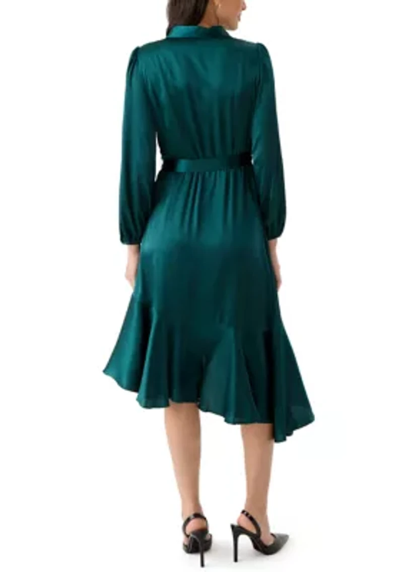 Women's Long Sleeve V-Neck Tie Waist Solid Satin Fit and Flare Dress