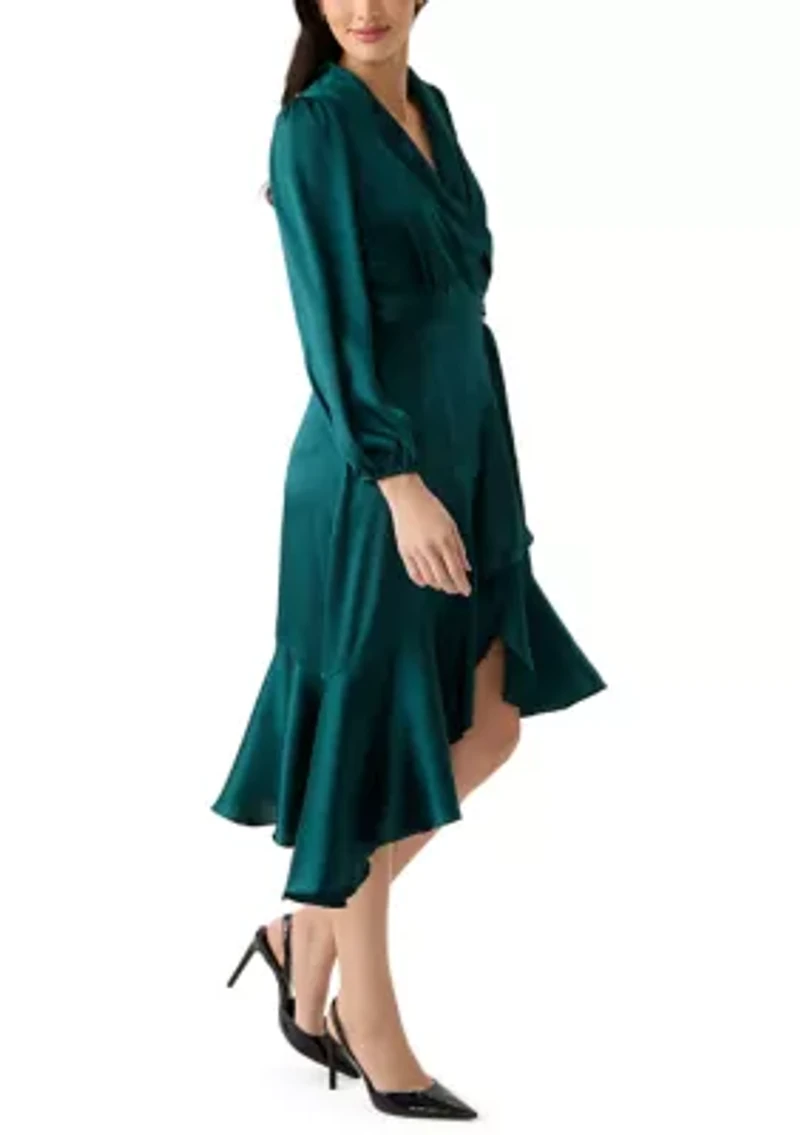Women's Long Sleeve V-Neck Tie Waist Solid Satin Fit and Flare Dress