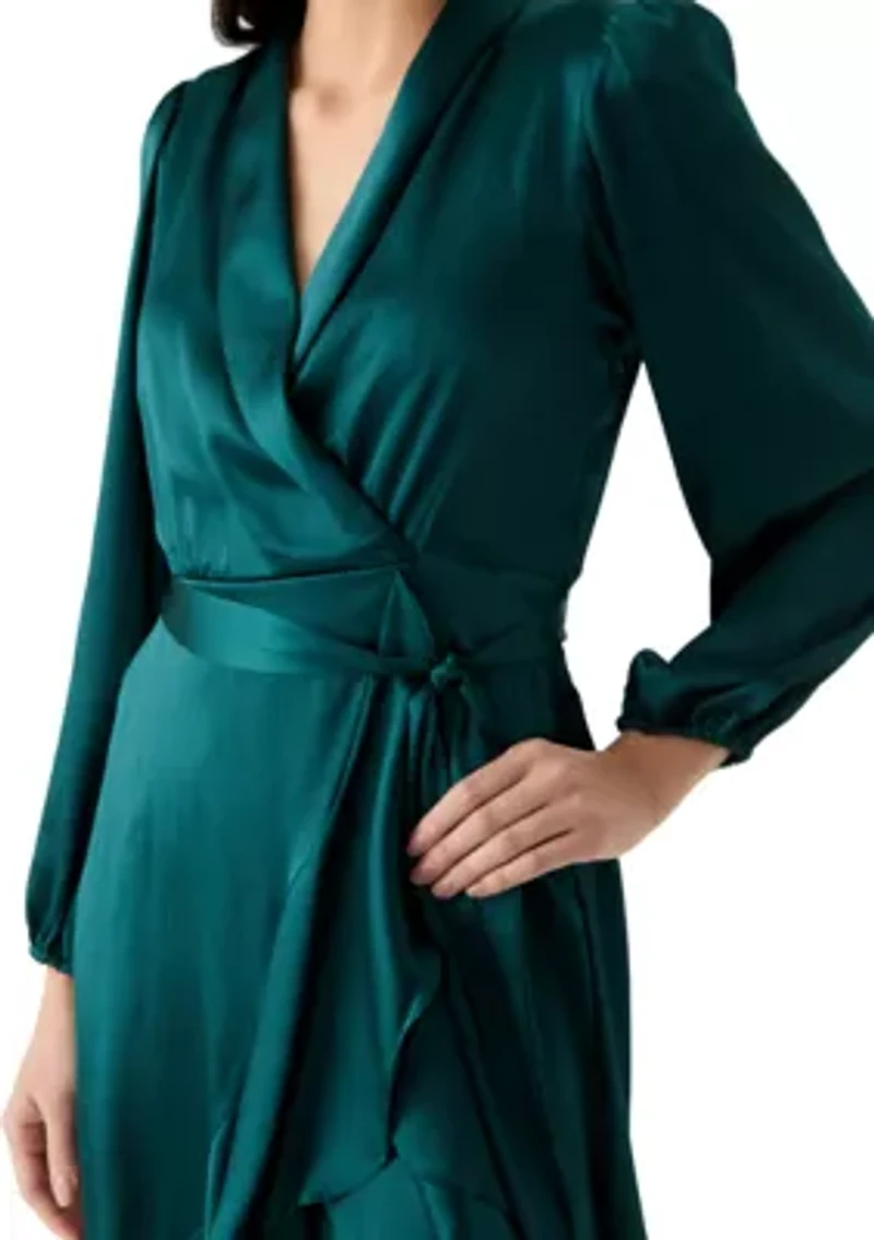 Women's Long Sleeve V-Neck Tie Waist Solid Satin Fit and Flare Dress