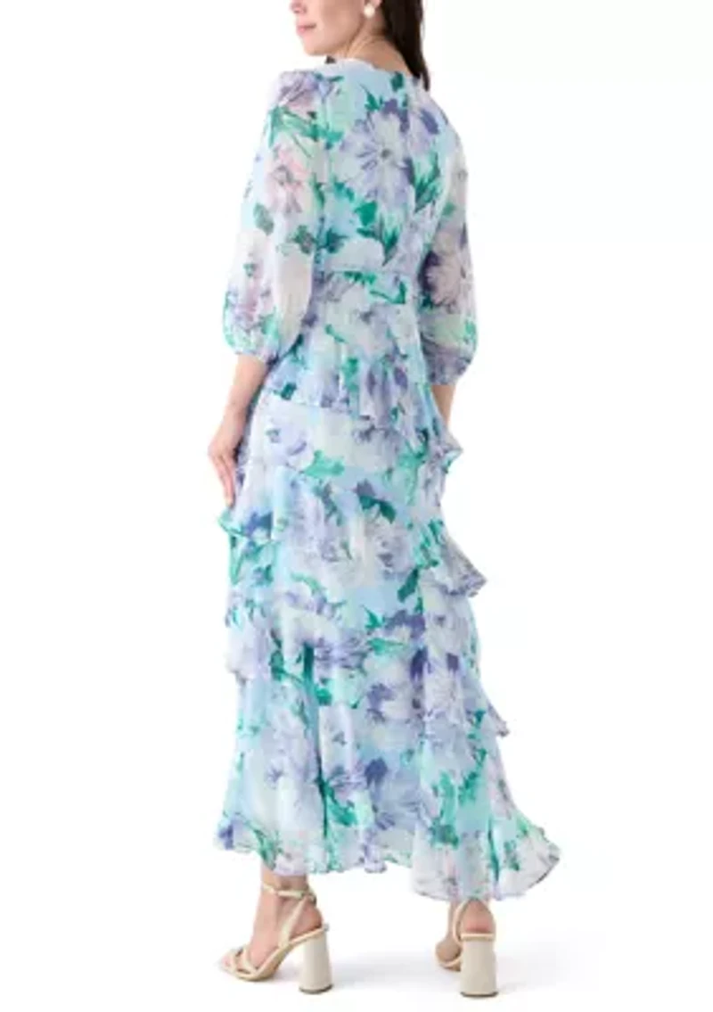 Women's 3/4 Sleeve V-Neck Floral Print Maxi Dress
