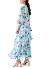 Women's 3/4 Sleeve V-Neck Floral Print Maxi Dress