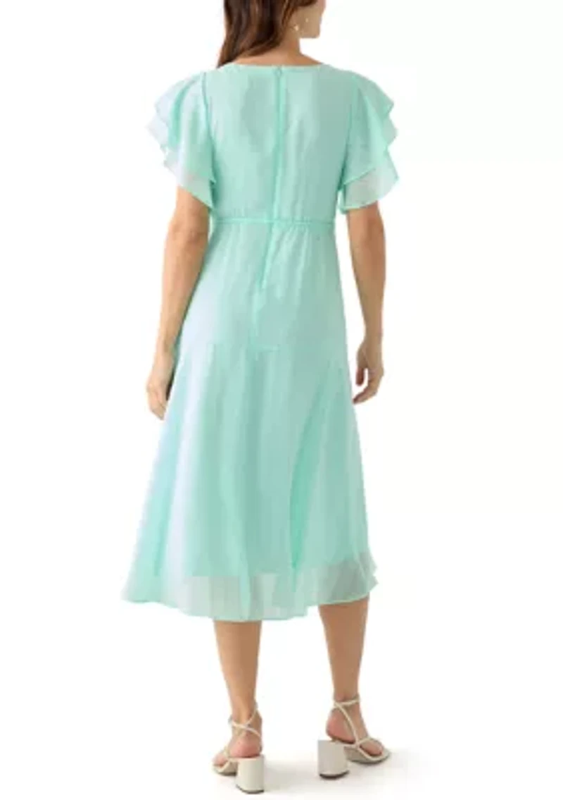 Women's Flutter Sleeve Solid Fit and Flare Dress