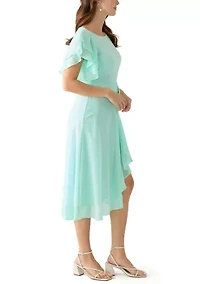 Women's Flutter Sleeve Solid Fit and Flare Dress