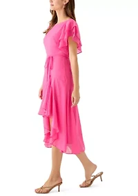 Women's Flutter Sleeve Solid Fit and Flare Dress