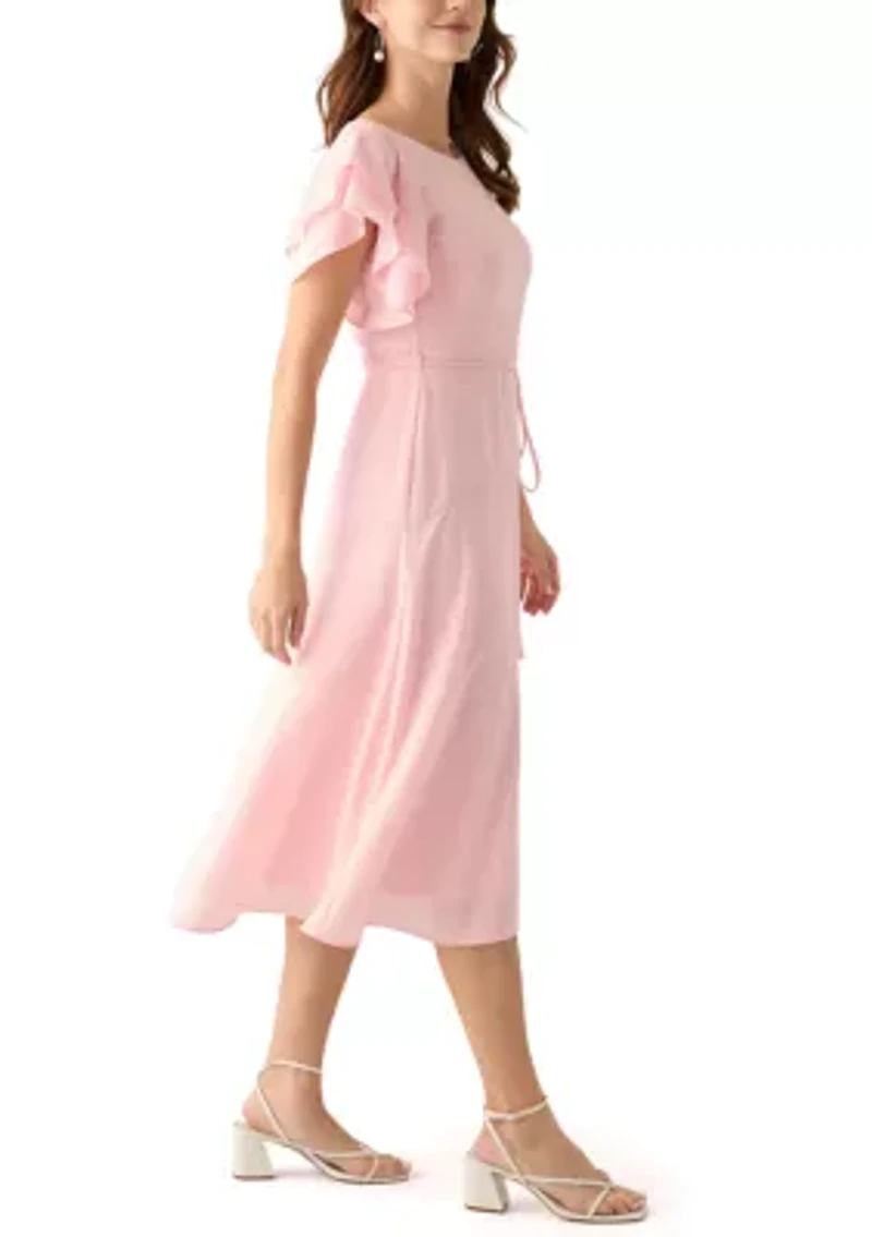 Women's Flutter Sleeve Ruffled Midi Dress