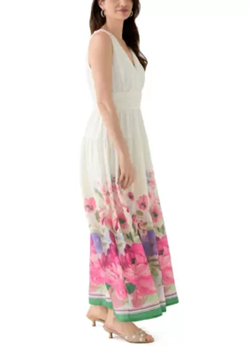 Women's Sleeveless V-Neck Floral Printed Chiffon Dress