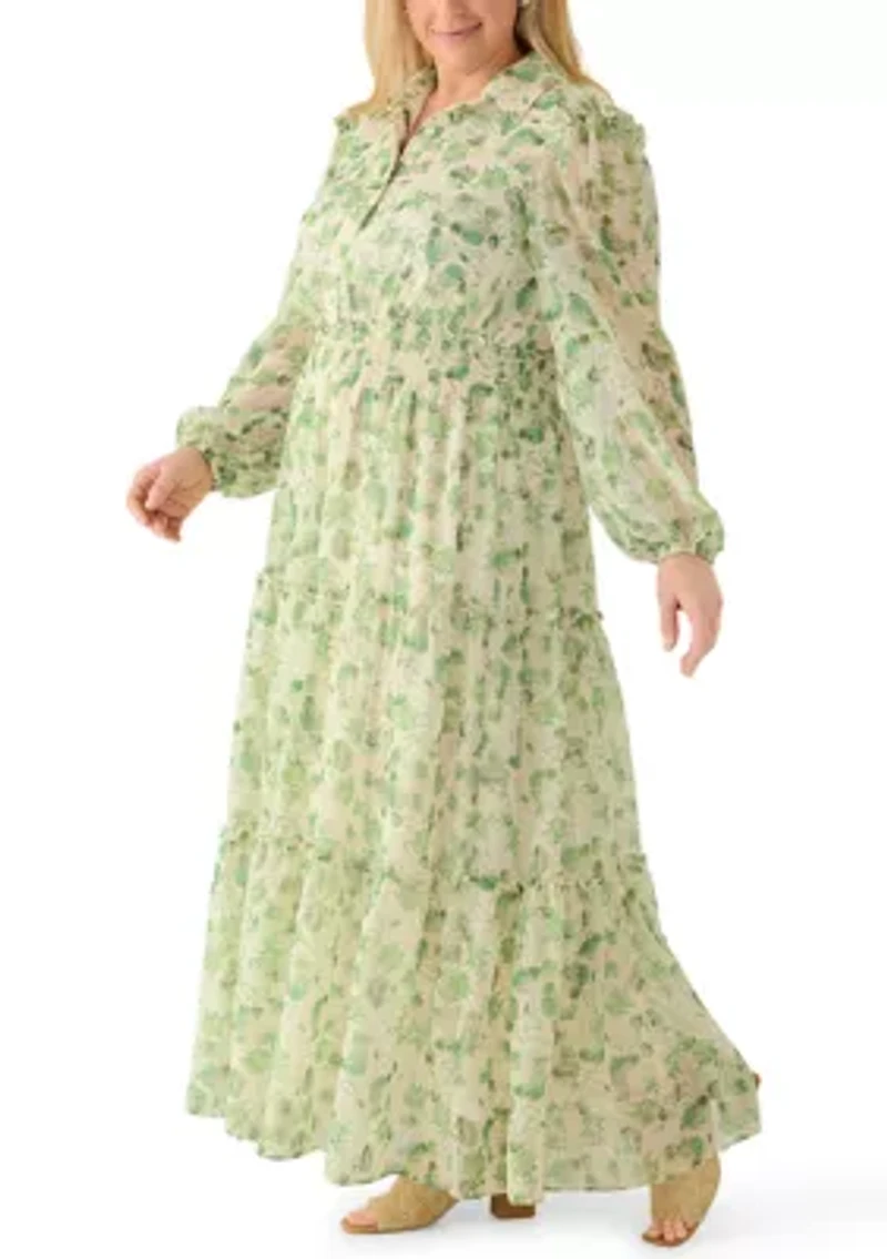 Plus Long Sleeve Floral Midi Dress