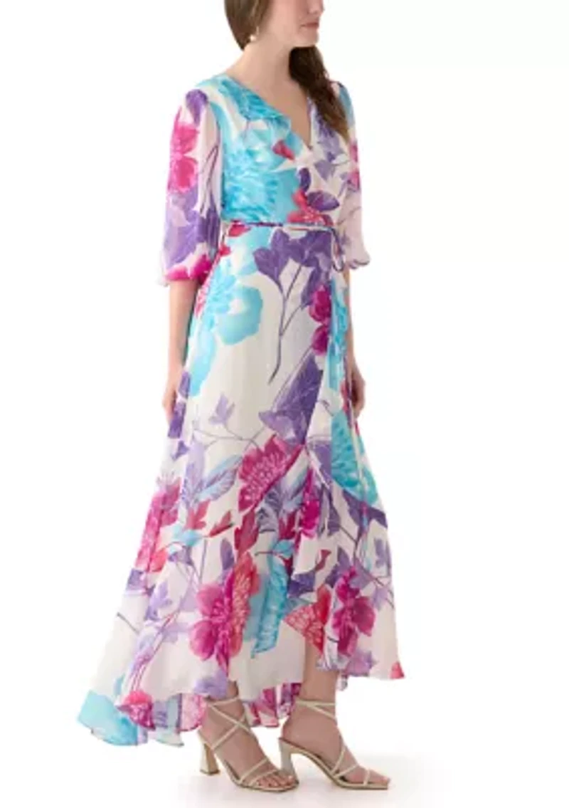 Women's 3/4 Sleeve V-Neck Floral Print Chiffon Maxi Dress