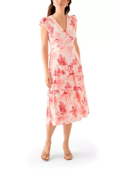 Women's Short Sleeve V-Neck Floral Print Linen Dress