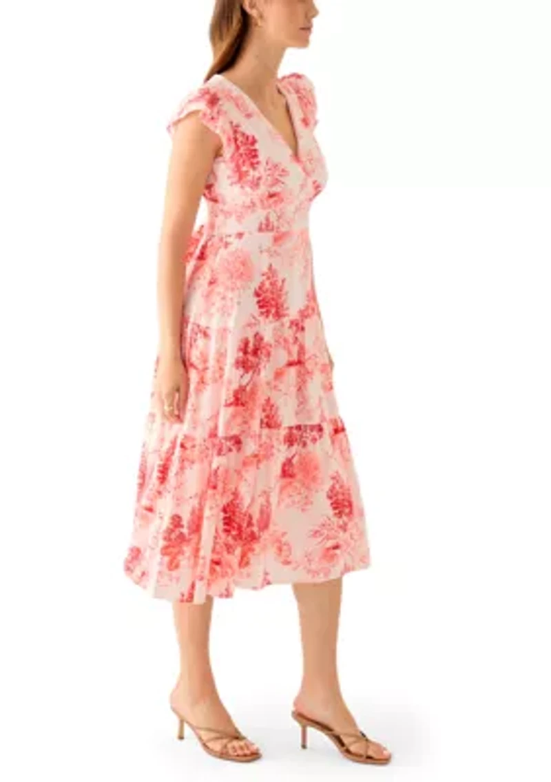 Women's Short Sleeve V-Neck Floral Print Linen Dress