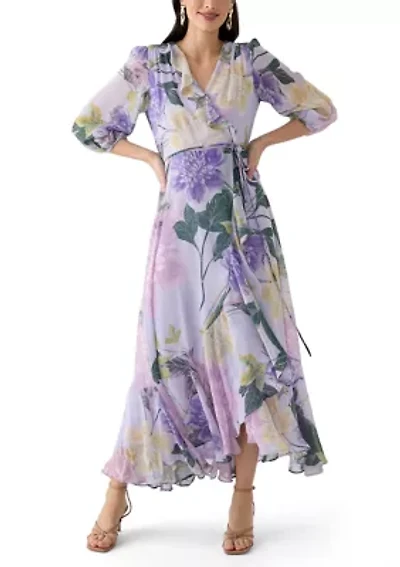 Women's 3/4 Blouson Sleeve V-Neck Floral Print Maxi Dress