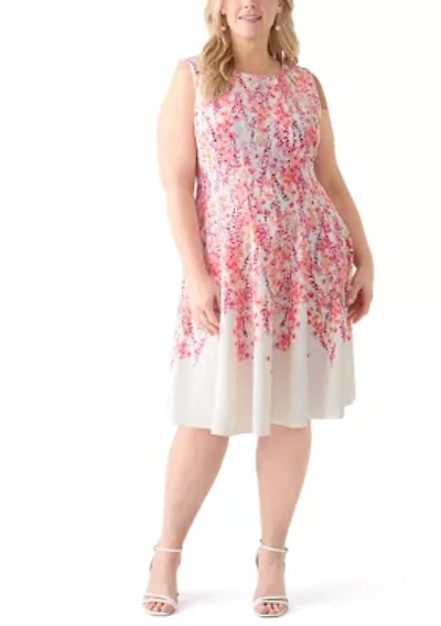 Plus Sleeveless Crew Neck Ditsy Floral Dress