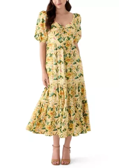 Women's Sweetheart Neck Puff Sleeve Floral Maxi Dress