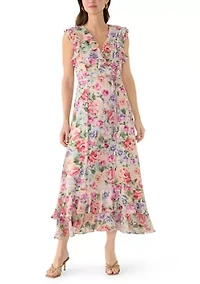 Women's Floral Ruffle V-Neck Maxi Dress