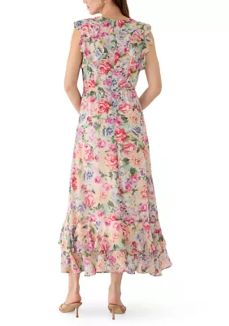 Women's Floral Ruffle V-Neck Maxi Dress
