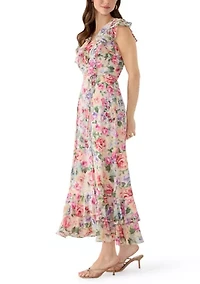 Women's Floral Ruffle V-Neck Maxi Dress