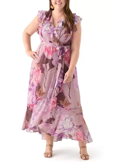 Plus Short Sleeve V-Neck Floral Print Chiffon Maxi Dress
