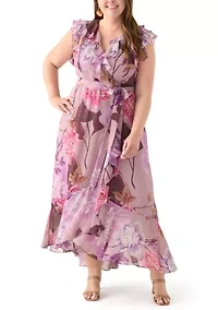 Plus Short Sleeve V-Neck Floral Print Chiffon Maxi Dress
