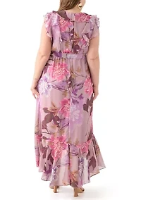 Plus Short Sleeve V-Neck Floral Print Chiffon Maxi Dress