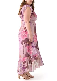 Plus Short Sleeve V-Neck Floral Print Chiffon Maxi Dress