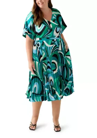 Plus V-Neck Abstract Fit and Flare Dress