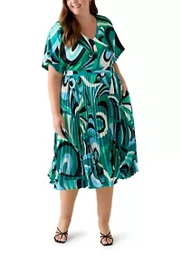 Plus V-Neck Abstract Fit and Flare Dress