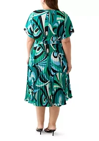 Plus V-Neck Abstract Fit and Flare Dress