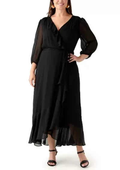 Plus 3/4 Blouson Sleeve Chiffon Maxi Dress