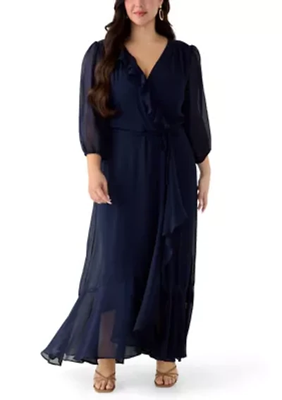 Plus 3/4 Blouson Sleeve Chiffon Maxi Dress