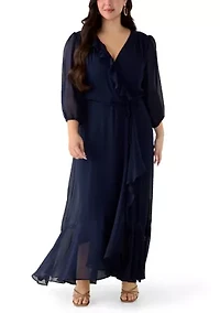 Plus 3/4 Blouson Sleeve Chiffon Maxi Dress