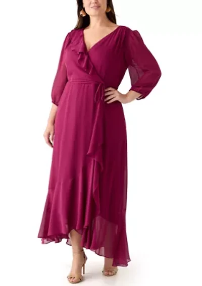 Plus 3/4 Blouson Sleeve Chiffon Maxi Dress