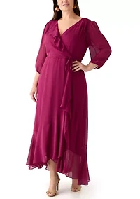 Plus 3/4 Blouson Sleeve Chiffon Maxi Dress
