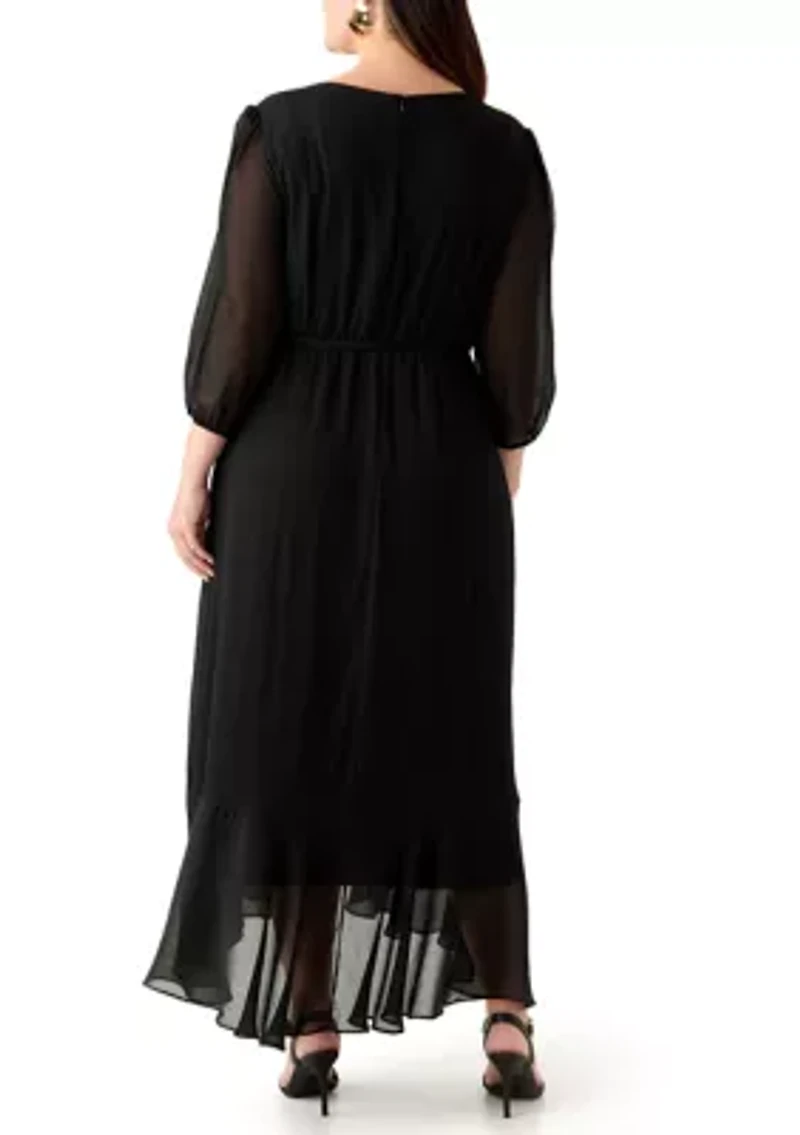 Plus 3/4 Blouson Sleeve Chiffon Maxi Dress