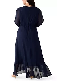 Plus 3/4 Blouson Sleeve Chiffon Maxi Dress