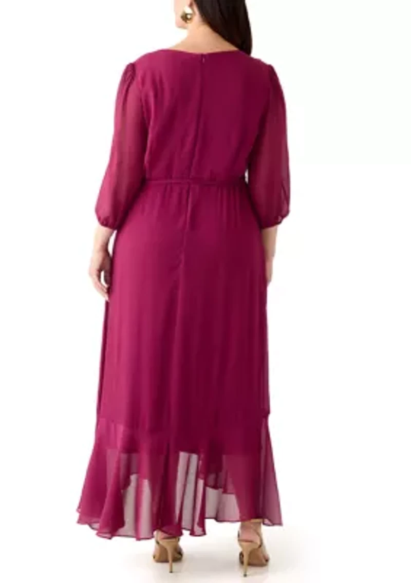 Plus 3/4 Blouson Sleeve Chiffon Maxi Dress