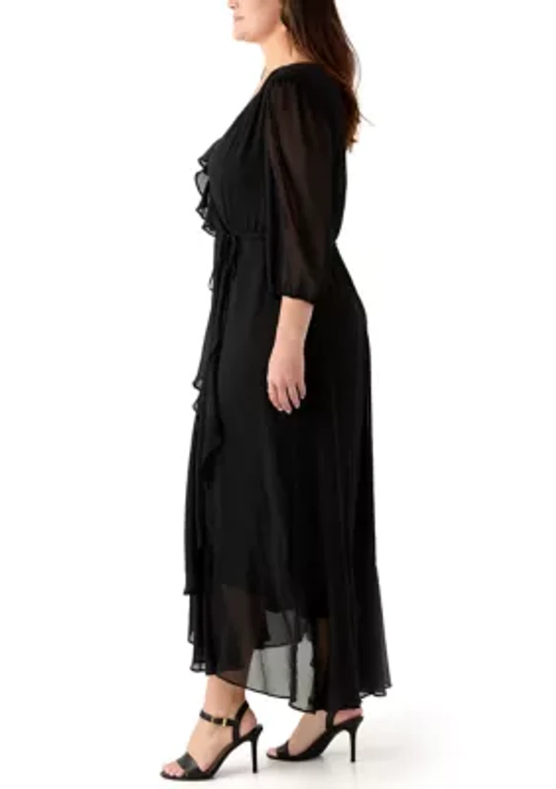 Plus 3/4 Blouson Sleeve Chiffon Maxi Dress