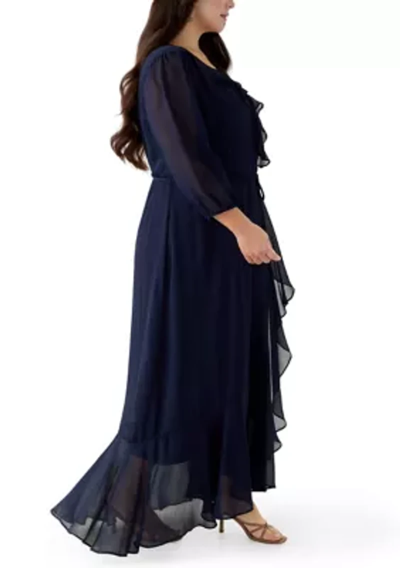 Plus 3/4 Blouson Sleeve Chiffon Maxi Dress