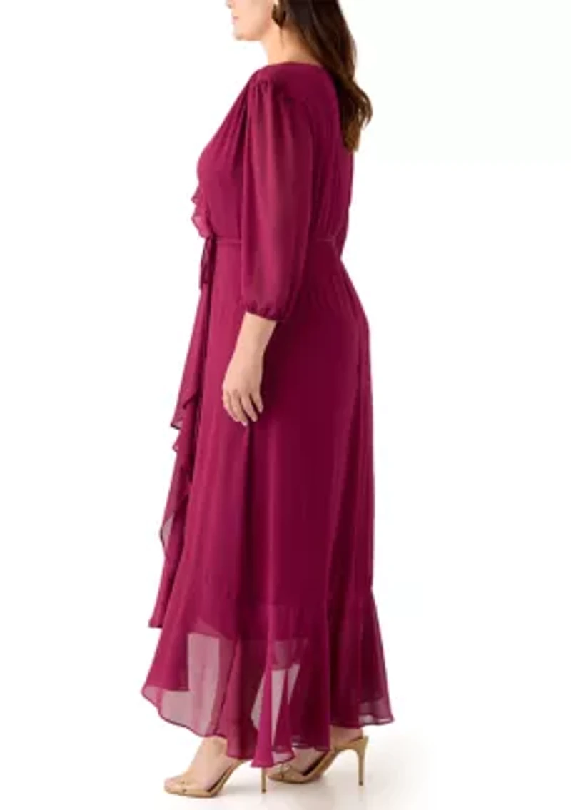 Plus 3/4 Blouson Sleeve Chiffon Maxi Dress
