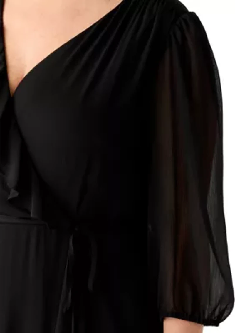 Plus 3/4 Blouson Sleeve Chiffon Maxi Dress