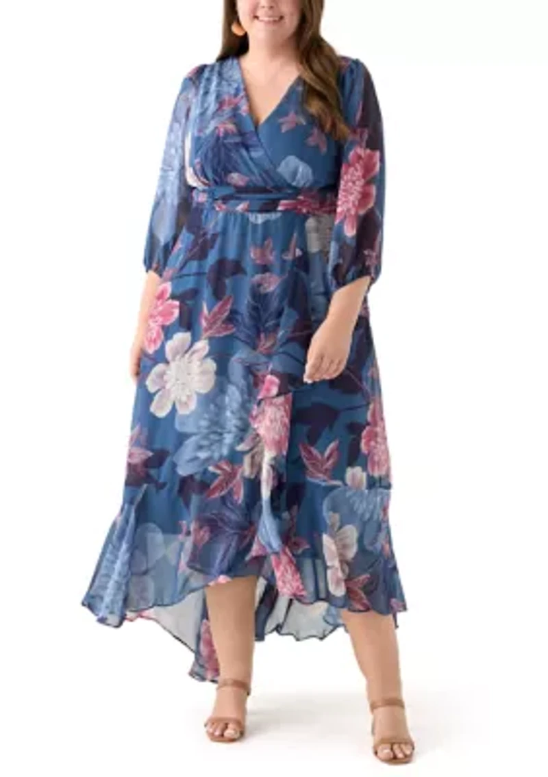 Plus 3/4 Sleeve V-Neck Floral Print Chiffon Maxi Dress