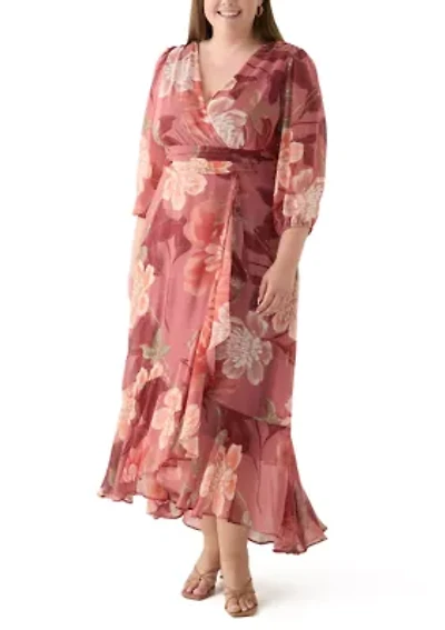 Plus 3/4 Sleeve V-Neck Floral Print Chiffon Maxi Dress
