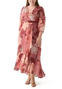Plus 3/4 Sleeve V-Neck Floral Print Chiffon Maxi Dress