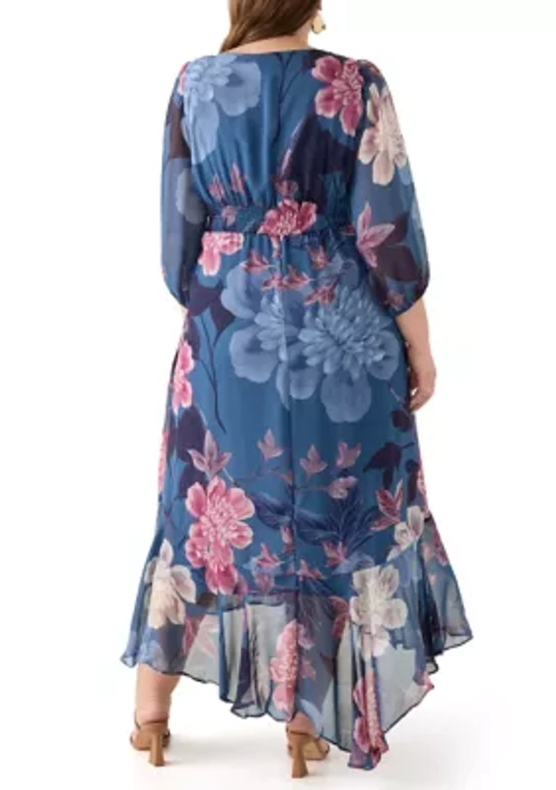 Plus 3/4 Sleeve V-Neck Floral Print Chiffon Maxi Dress