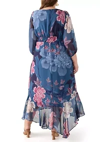 Plus 3/4 Sleeve V-Neck Floral Print Chiffon Maxi Dress