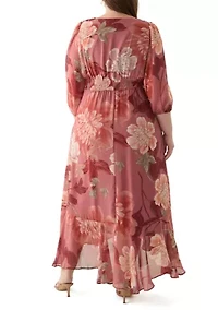 Plus 3/4 Sleeve V-Neck Floral Print Chiffon Maxi Dress