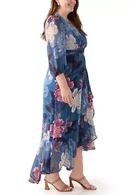 Plus 3/4 Sleeve V-Neck Floral Print Chiffon Maxi Dress